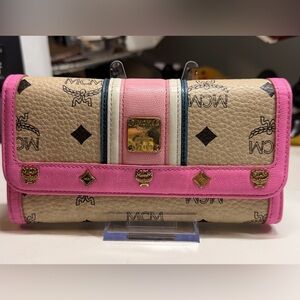 MCM Beige Visetos Wallet with Pink Trim and Navy Stripe